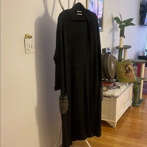 Mango Grey Long Cardigan with Fur Pockets